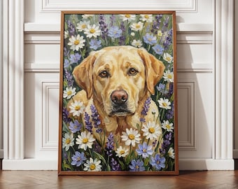 May include: A rectangular framed oil painting featuring a golden Labrador retriever surrounded by a field of white daisies and purple lavender flowers. The dog has a light golden coat and brown eyes, set against a vibrant floral background.