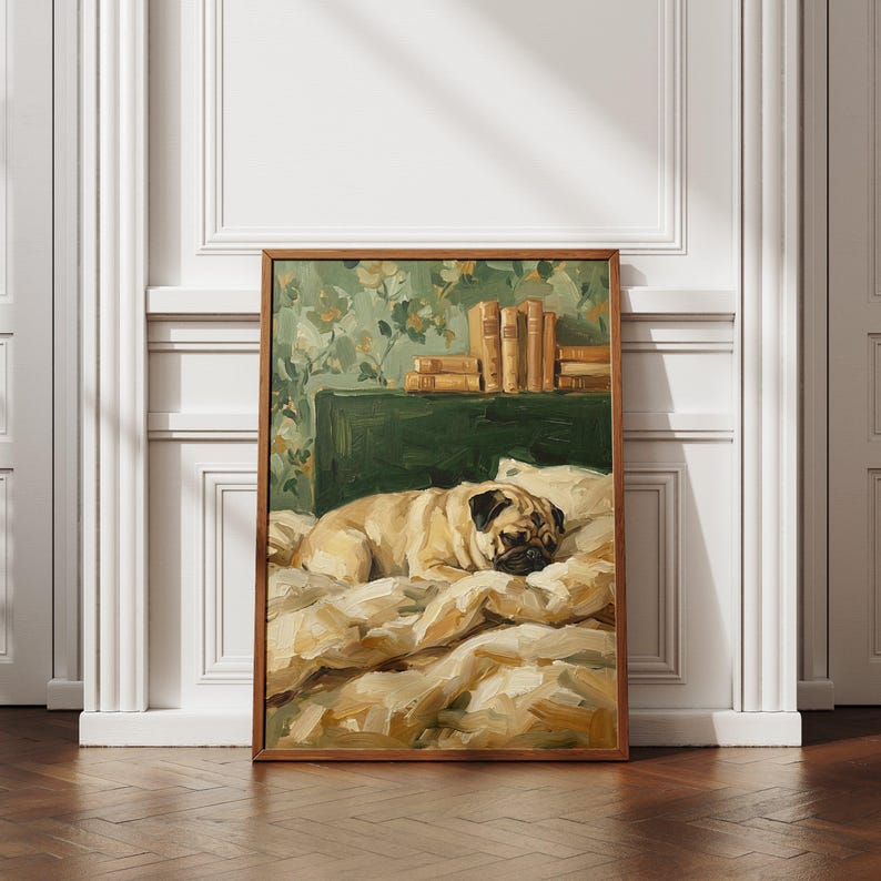 Close-up on the pug's peaceful face, capturing the detail and emotion in its slumber.
