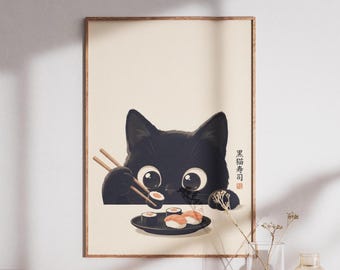 Könnte beinhalten: Gerahmter Kunstdruck mit einer schwarzen Katze mit großen Augen, die Sushi mit Stäbchen isst. Der Druck enthält japanischen Text und ist vor einem cremefarbenen Hintergrund platziert. Das Kunstwerk befindet sich in einem Holzrahmen.