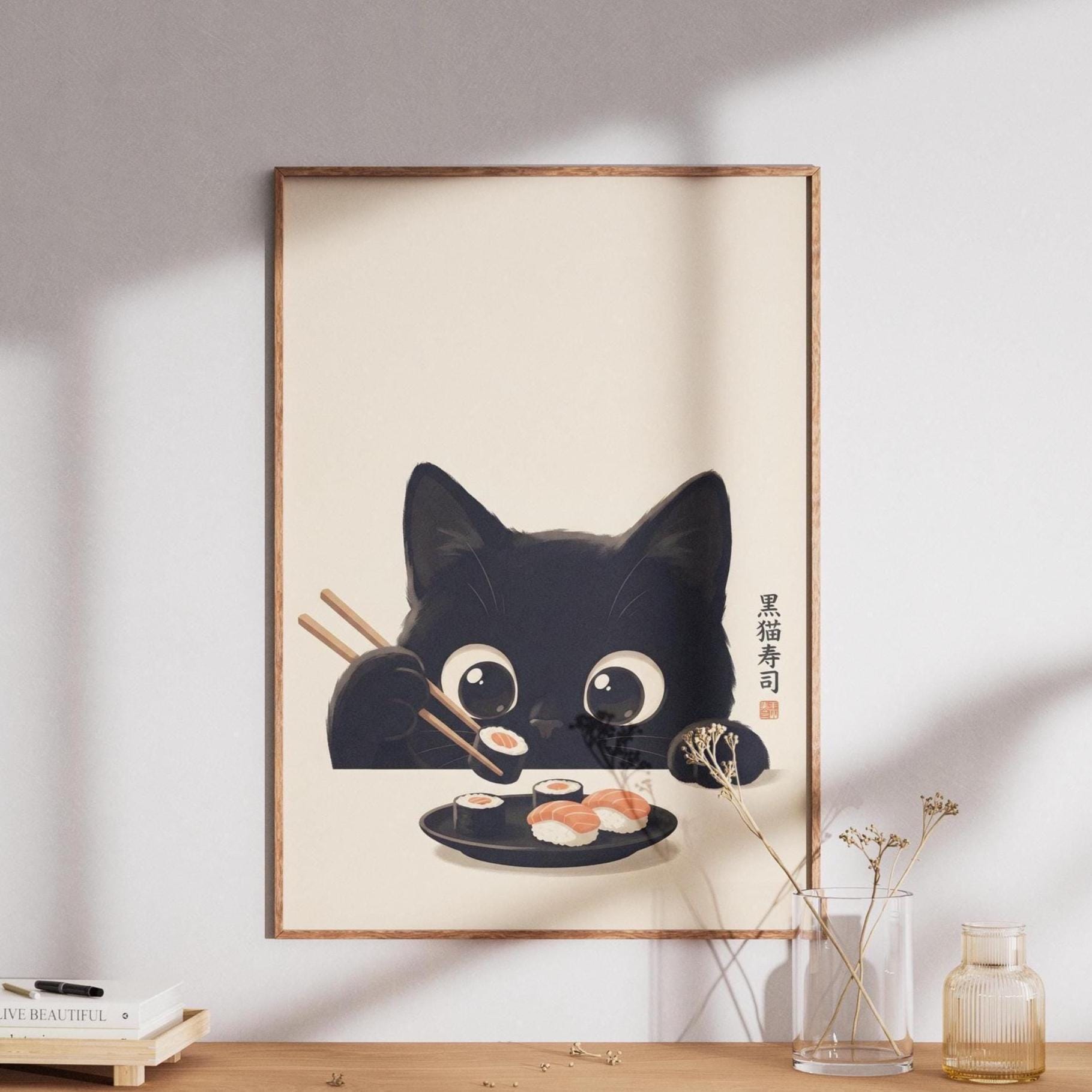 Japanese Black Cat Sushi Kitchen Wall Art Print - Etsy