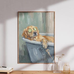 Lámina artística de spa con golden retriever / Decoración divertida para el baño con perros