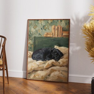 The sleeping black Lab poster featured as a centerpiece on an eclectic gallery wall alongside other nature and vintage oil paintings.