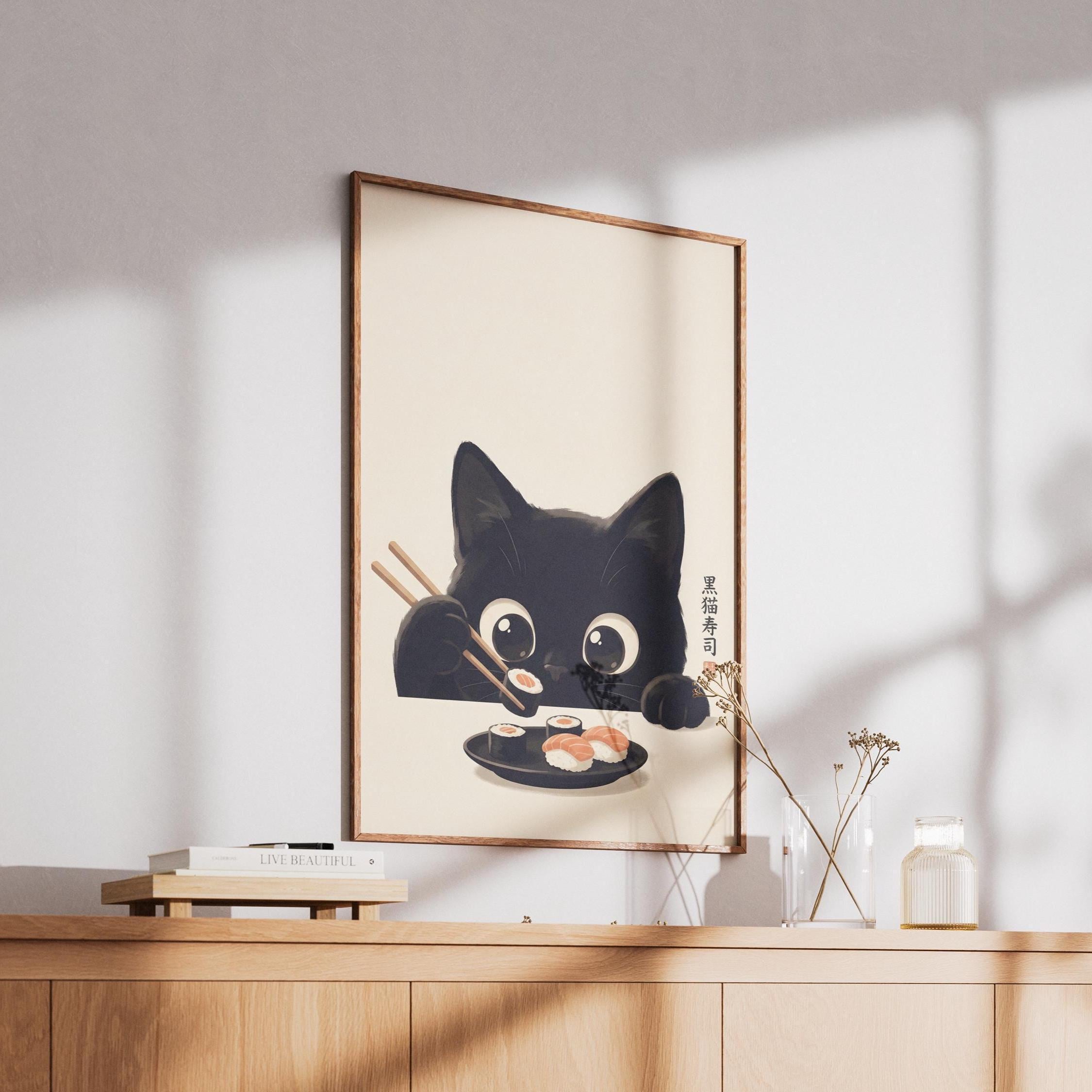 Japanese Black Cat Sushi Kitchen Wall Art Print - Etsy