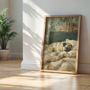 Close-up detail of the impasto brushstrokes, highlighting the thick, textured paint on the pug's fur and blankets.