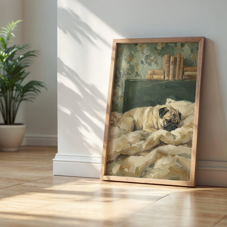 Close-up detail of the impasto brushstrokes, highlighting the thick, textured paint on the pug's fur and blankets.