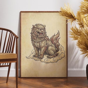 May include: Framed artwork featuring a detailed illustration of a guardian lion, a mythical creature. The lion is depicted in shades of gray and brown, seated atop a cloud. The artwork has a vintage aesthetic, with a sepia-toned background.