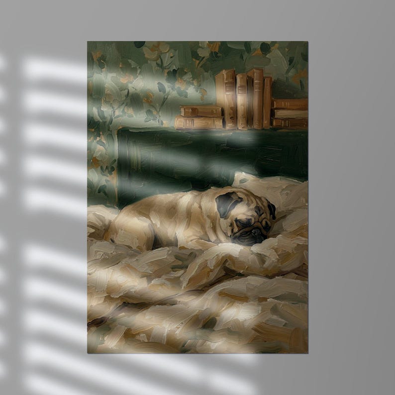 Gallery wall inspiration featuring the sleeping pug print alongside complementary artworks and decor.