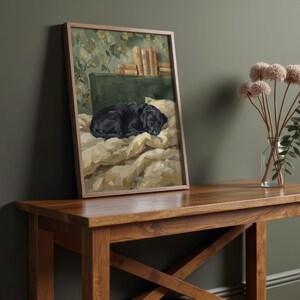 Detailed macro shot highlighting the premium matte paper texture and rich, deep color reproduction of the black lab painting print.