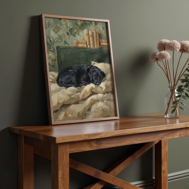 Detailed macro shot highlighting the premium matte paper texture and rich, deep color reproduction of the black lab painting print.