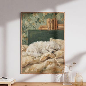 May include: An oil painting print featuring a fluffy white dog sleeping on a rumpled beige blanket. Behind the dog is a dark green headboard and a stack of tan books. The background wall has a green floral wallpaper pattern with yellow flowers.