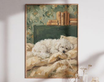 Bichon Frise Impasto Print: Cozy Sleeping Dog, Textured Pet Portrait Home Decor