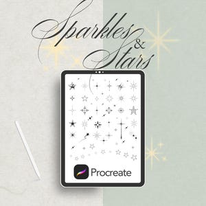 Op de afbeelding: Een digitaal kunstontwerp met een tablet met ster- en sprankelafbeeldingen, samen met een witte stylus. De woorden "Sparkles & Stars" staan in script. Het Procreate app-logo is zichtbaar. Tekst onderaan luidt: "High quality brushset to use for body art & physical items."
