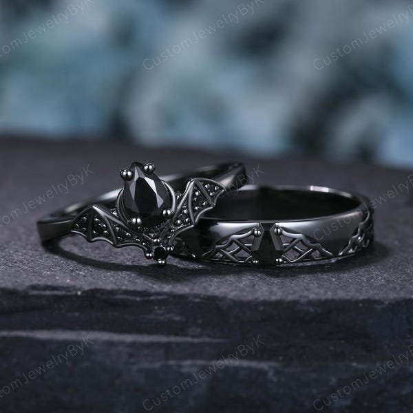 Vampire Natural Black Onyx Couples Ring Set Unique Black Gold His and Hers Wedding Band Gothic Bat Wedding Ring Spider Web Ring Bridal Set