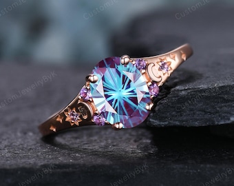 Anillo de compromiso vintage con forma de luna, aciano tallado en forma de fuegos artificiales, anillo de boda en oro rosa con forma de estrella, alianza de boda curva apilable con amatista, regalo.