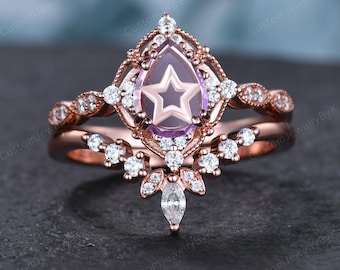 Vintage Pear Cut Amethyst Engagement Ring Set Unique 18K Rose Gold Portrait Cut Star Ring Art Deco Moissanite Curved Stacking Band