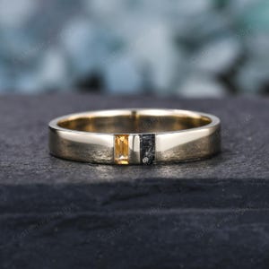 4mm Mens Baguette Citrine Black Rutilated Quart Wedding Band Solid Gold Ring Plain Smooth Stacking Matching Band Vintage Ring Gift For Men