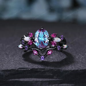 Vintage Firework Cut Oval Alexandrite Engagement Ring Set,Black Gold,Vines Red Ruby Opal Ring,Women Unique Twig Anniversary Promise Gift