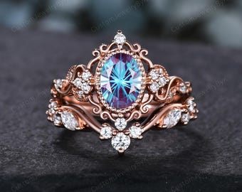 Antique Filigree Oval Cut Firework Alexandrite Engagement Ring Set 14k Rose Gold Ring Moissanite Wedding Ring Cluster Ring Personalized Gift