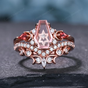 Unique Portrait Cut Coffin Pink Sapphire Promise Ring,Star Moon Rose Gold Bridal Set,Vintage Crescent Engagement Ring,Dainty Gift for Her