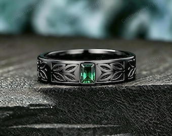 3/4 Eternity Emerald Men Wedding Band Black Gold Leaf Filigree Ring Nature Inspired Mens Engagement Ring Bridal Gift for Him Custom Jewelry