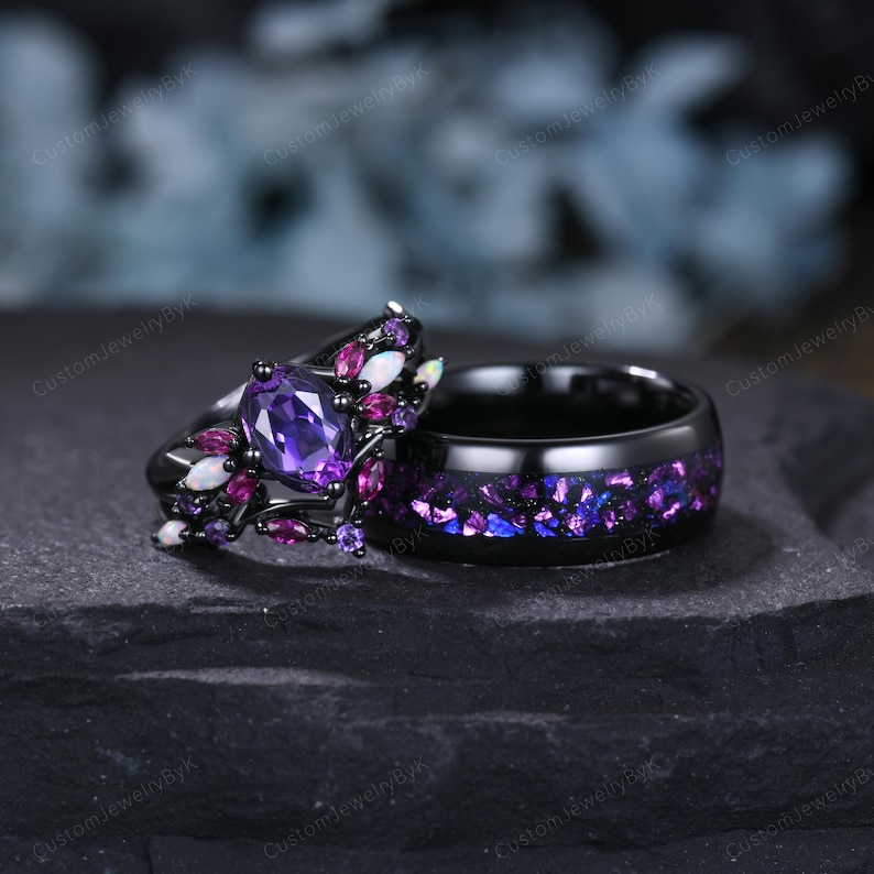 Retro Oval Purple Amethyst Couple Rings Set Black Gold Galaxy Mens ...