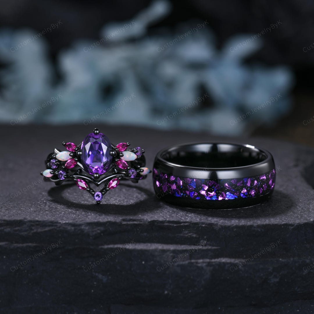 Retro Oval Purple Amethyst Couple Rings Set Black Gold Galaxy Mens ...
