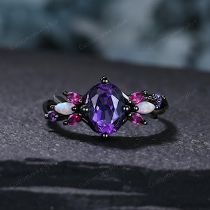 Vintage Oval Amethyst Engagement Ring,Black Gold,Vines Red Ruby Opal Ring,Women Bridal Ring,Unique Twig Anniversary Promise Ring Gift