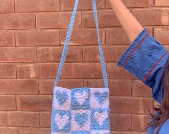 Crochet Tote Bag Pattern PDF, Heart Checkerboard Square Bag, Tapestry Technique