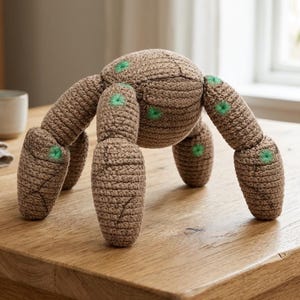 May include: A handmade, brown crocheted spider toy with six legs and a round body. The spider has green accents on its body and legs. The toy is sitting on a wooden table.
