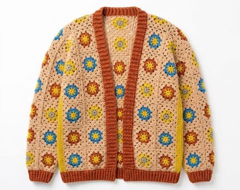 Patrón de cárdigan de ganchillo estilo abuela en PDF, suéter estilo boho, cárdigan para mujer, cárdigan para hombre, descarga digital instantánea.