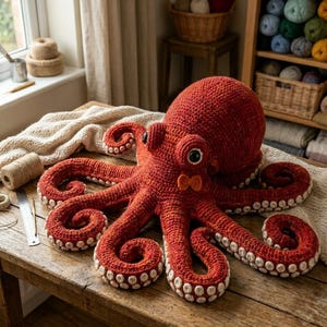Puede incluir: Un pulpo de ganchillo hecho a mano en tonos rojos y crema. El pulpo tiene ocho tentáculos rizados con ventosas de color crema. Presenta ojos grandes, blancos y negros y una pequeña pajarita. El pulpo se exhibe sobre una mesa de madera.