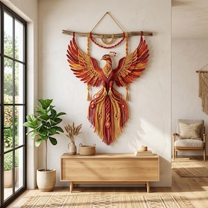 May include: A large macrame wall hanging featuring a phoenix with outstretched wings, crafted from red, orange, and yellow cord. The bird is suspended from a natural wooden branch with a cord loop, showcasing intricate knotting and long tassels.