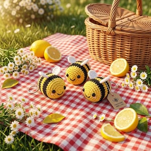 May include: Three crocheted bee keychains with yellow and black yarn bodies, white wings, and black eyes. One bee features a small brown tag with a bee icon and the text Handmade with Love. The bees are arranged on a red and white checkered fabric.