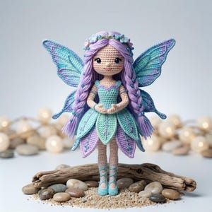 May include: A handcrafted crochet fairy doll with lavender hair, a floral crown, and large, detailed wings in shades of blue and purple. The fairy is wearing a turquoise and green dress with a leaf-shaped skirt. The doll is standing on pebbles and driftwood.