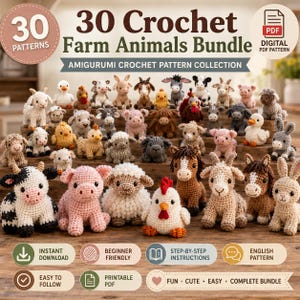 Könnte beinhalten: Ein digitales PDF-Musterpaket mit 30 Amigurumi-Häkelanleitungen für Bauernhoftiere. Das Bild zeigt eine Sammlung kleiner gehäkelter Figuren, darunter Kühe, Schweine, Schafe, Hühner, Pferde und Ziegen, die auf einer Holzoberfläche stehen.