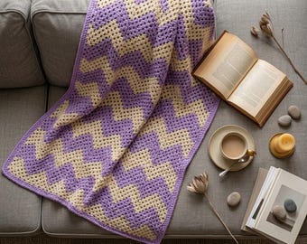 Patrón de manta de ganchillo en PDF, manta de lavanda, tutorial para manta afgana con ondas, manta moderna para bebé, regalo de decoración para el hogar hecho a mano, descarga instantánea.