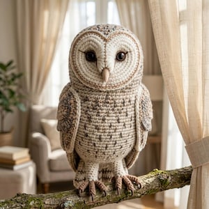 May include: A detailed crochet owl figurine, cream and brown in colour, perched on a branch. The owl has a cream-coloured face and chest, with brown and tan speckled feathers. The craftsmanship highlights the intricate crochet work and realistic features.