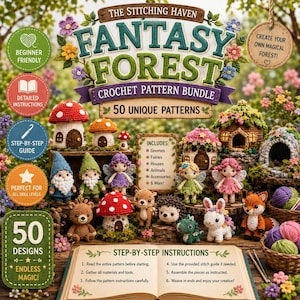 May include: A crochet pattern bundle titled The Stitching Haven Fantasy Forest featuring 50 unique designs. The image displays various crocheted figures including gnomes, fairies, animals, and houses, alongside an open book with step-by-step instructions.