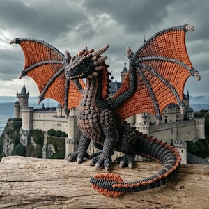 Puede incluir: Un dragón tejido a mano con alas naranjas y grises, posado sobre una superficie de madera. El dragón tiene un cuerpo detallado y texturizado en tonos negros y marrones, con una larga cola. Un castillo es visible en el fondo.