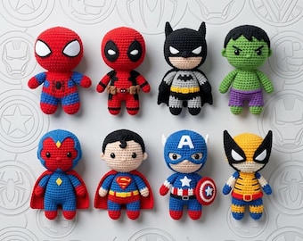 Paquete de patrones de amigurumi de superhéroes a crochet 8 en 1, PDF de muñeco cómico adorable, tutorial para hacer un juguete de peluche, regalo para niños, descarga instantánea.