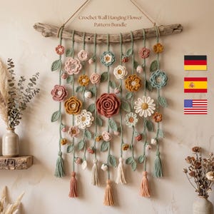 3-i-1 virkad väggbonad med blommönster i PDF-format, boho botaniskt makramémönster, väggdekor, digital nedladdning