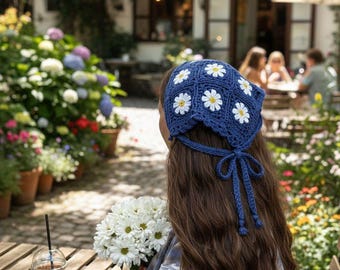 Daisy Granny Square Crochet Bandana Pattern, Boho Flower Head Scarf (PDF)
