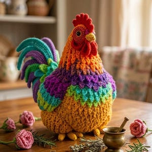 May include: A handcrafted, colorful crochet rooster figurine. The rooster features a vibrant array of colors, including orange, yellow, purple, green, and blue. The rooster is sitting on a wooden surface, with small pink crochet roses and herbs nearby.
