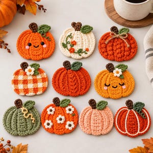 Pode incluir: Uma coleção de dez porta-copos de crochê em formato de abóbora com vários designs, incluindo cores laranja, branco, verde e pêssego. Algumas abóboras apresentam rostos bordados, aplicações de flores brancas, padrões xadrez ou pontos texturizados.