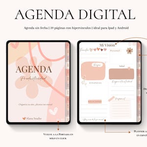 May include: Digital planner with a soft, neutral color palette. The planner includes sections for productivity, vision, and finances. The text reads "AGENDA DIGITAL" and "Agenda sin fecha | 39 páginas con hipervinculos | ideal para Ipad y Android."