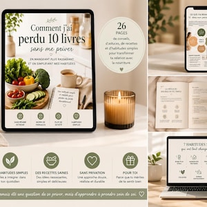 May include: An image showcasing a digital guide on weight loss, displayed on a tablet, phone, and laptop. The guide features text in French, along with images of food and a lit candle. The theme is healthy eating and lifestyle.