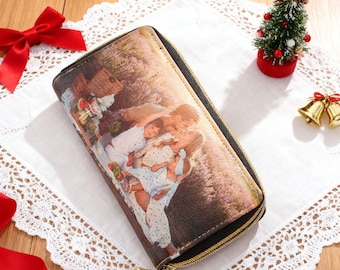 Double Sided Photo Zipper Wallet,PU Leather Long Wallets for Women,Birthday Gifts for Her, Keepsake Purse for Mom, Wife, Christmas Gifts
