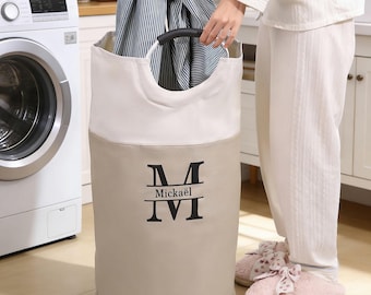 Monogram Laundry Basket with Custom Name, Extra Large Foldable Hamper, Personalized Home Storage Bag for Bedroom, Dorm, or Bathroom