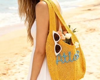Personalized Knit Beach Bag,Custom Name Crochet Summer Tote, Vacation Pool Shoulder Bag with Flower,Gift for Wome，Travel Gift