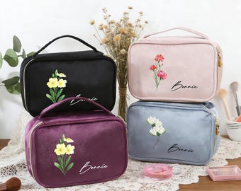 Personalized Velvet Makeup Bag with Birth Flower,Custom Name Cosmetic Pouch,Floral Travel Toiletry Bag for Women & Girls,Mother's Day gift